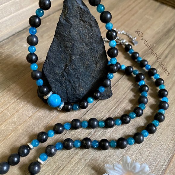Shungite Blue Apatite Jewelry Set Necklace + Bracelet - Picture 3 of 5